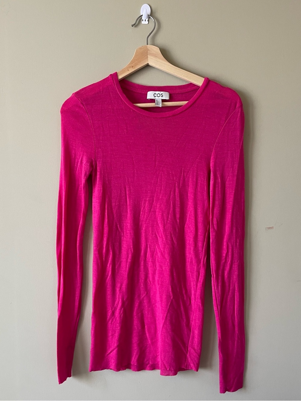 COS Fitted Long Sleeve Crewneck Top in Hot Pink